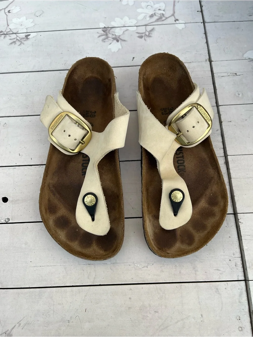 Birkenstock White Suede Thong Sandals with Gold Buckles